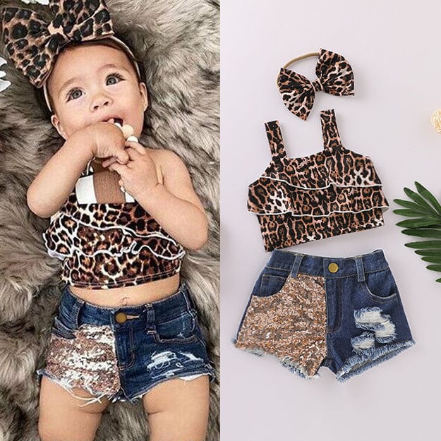 Kids Girls Top Shorts 3Pcs Suit Leopard Short Sleeve - Smartx6