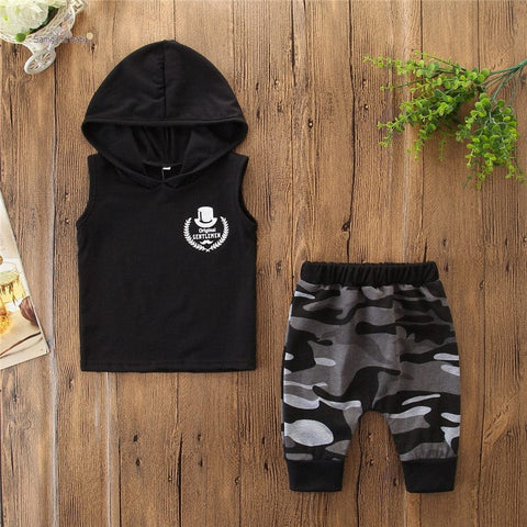 2PCS Toddler Kids Baby Boy Sleeveless Hooded Clothes T-shirt Tops Camo Pants Outfits - Smartx6