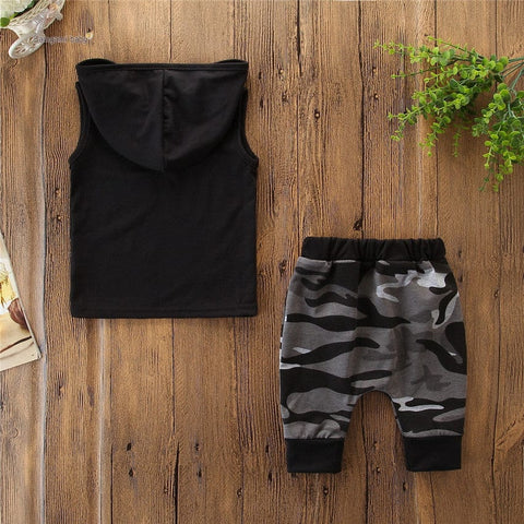 2PCS Toddler Kids Baby Boy Sleeveless Hooded Clothes T-shirt Tops Camo Pants Outfits - Smartx6