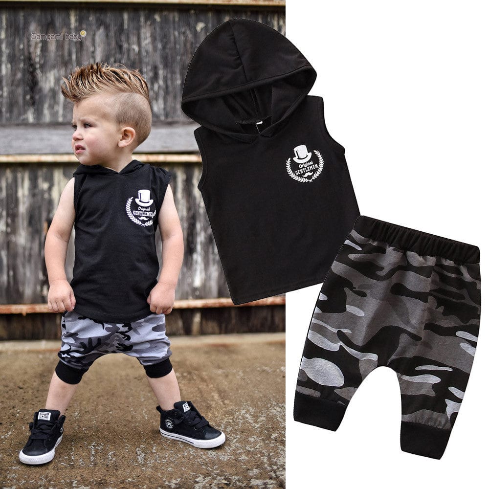 2PCS Toddler Kids Baby Boy Sleeveless Hooded Clothes T-shirt Tops Camo Pants Outfits - Smartx6