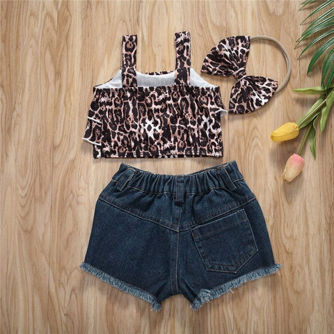 Kids Girls Top Shorts 3Pcs Suit Leopard Short Sleeve - Smartx6