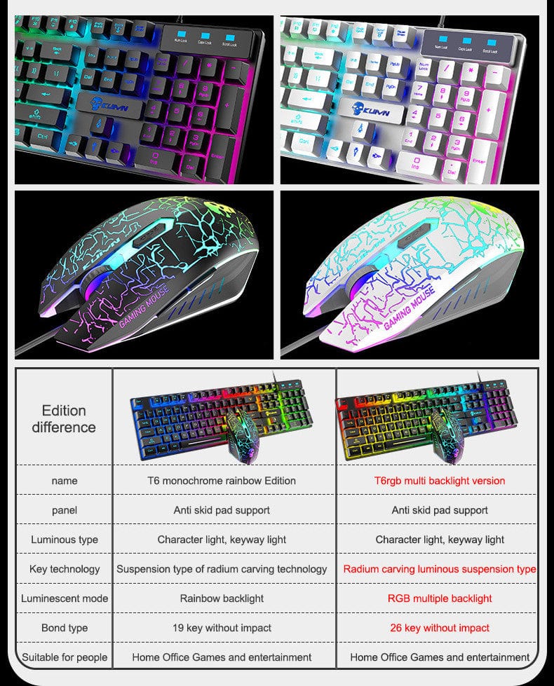 Kuiying T6 RGB gaming set | RGB keyboard and mouse | Gaming combo with lights | LED keyboard mouse set | RGB gamer gear set | T6 RGB backlit keyboard | Wired RGB gaming set | RGB setup for gamers | RGB light gaming kit | T6 gaming keyboard combo