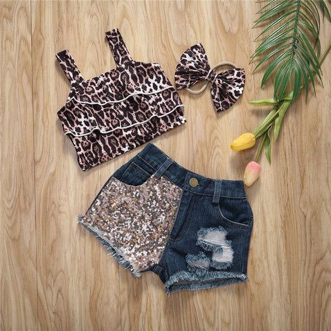 Kids Girls Top Shorts 3Pcs Suit Leopard Short Sleeve - Smartx6