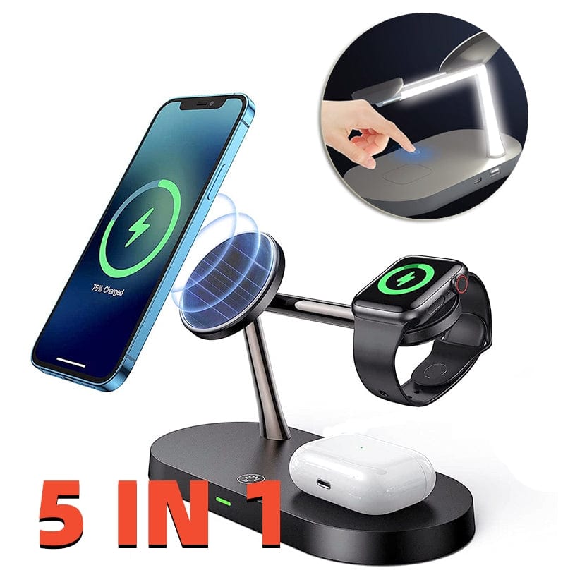 5-in-1 magnetic wireless charger | Multi-device magnetic charger | Magnetic charging station 5-in-1 | Wireless charger for phone and watch | 5-in-1 fast magnetic charger | Magnetic dock with wireless charging | All-in-one wireless charging pad | Magnetic wireless charger for Apple | Desktop 5-in-1 magnetic charger | Magnetic charger stand with LED